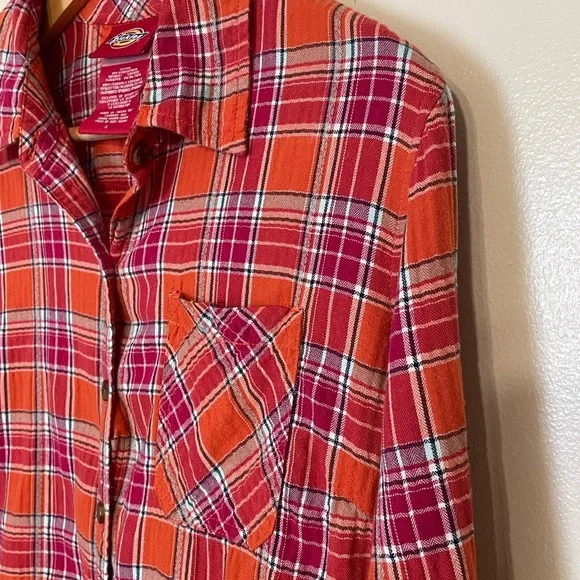 Dickies Orange Red Plaid Flannel Button Down Shirt Women’s Size L - Picture 5 of 11
